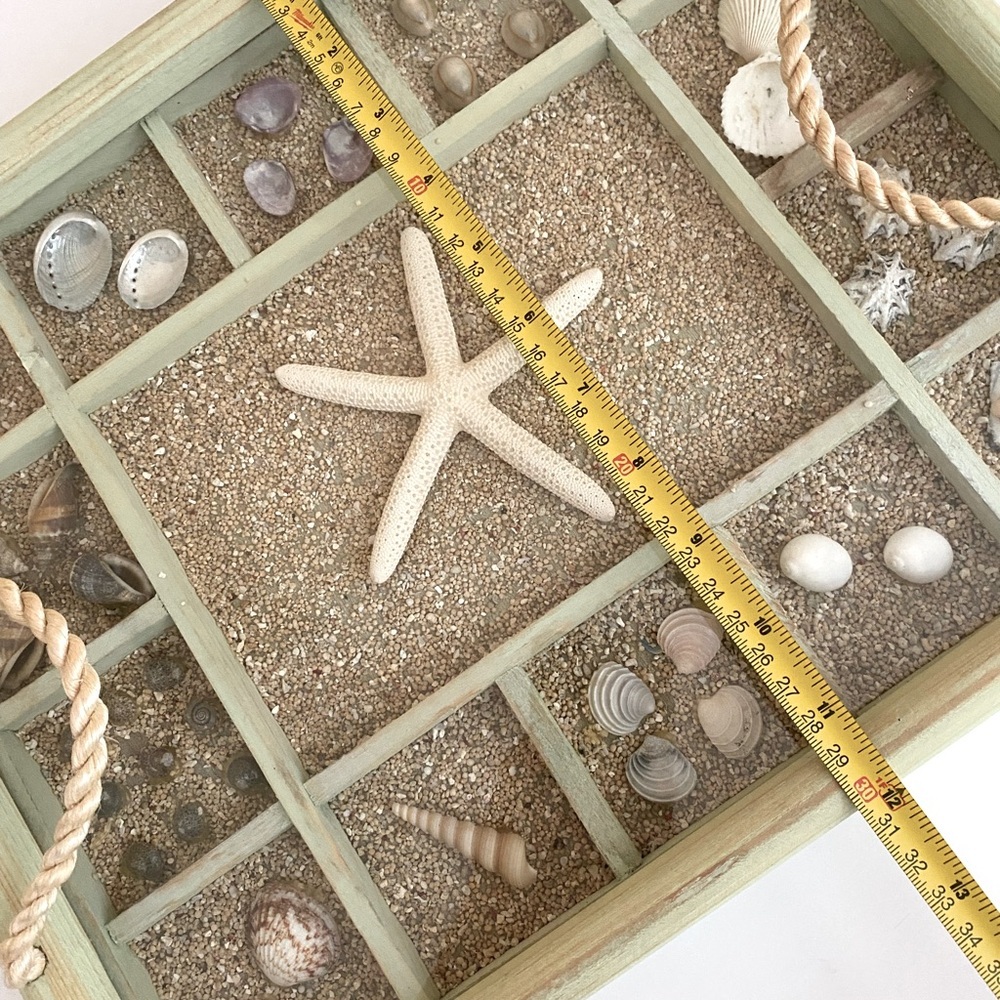 Shadowbox Tray Seashell Collection Mint Green Washed Wood Rope Handles - Picture 7 of 8